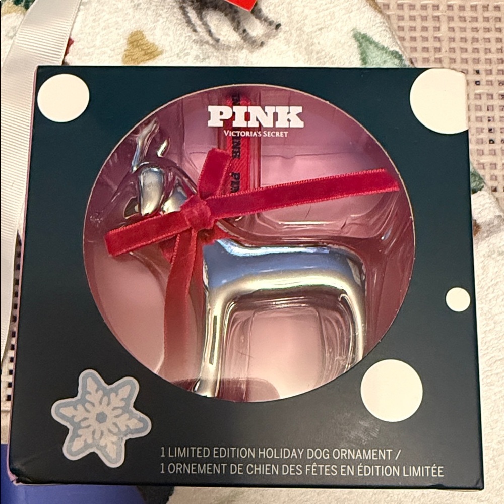LIMITED EDITION-PINK Victoria's Secret Silver Red Holiday Dog Ornament